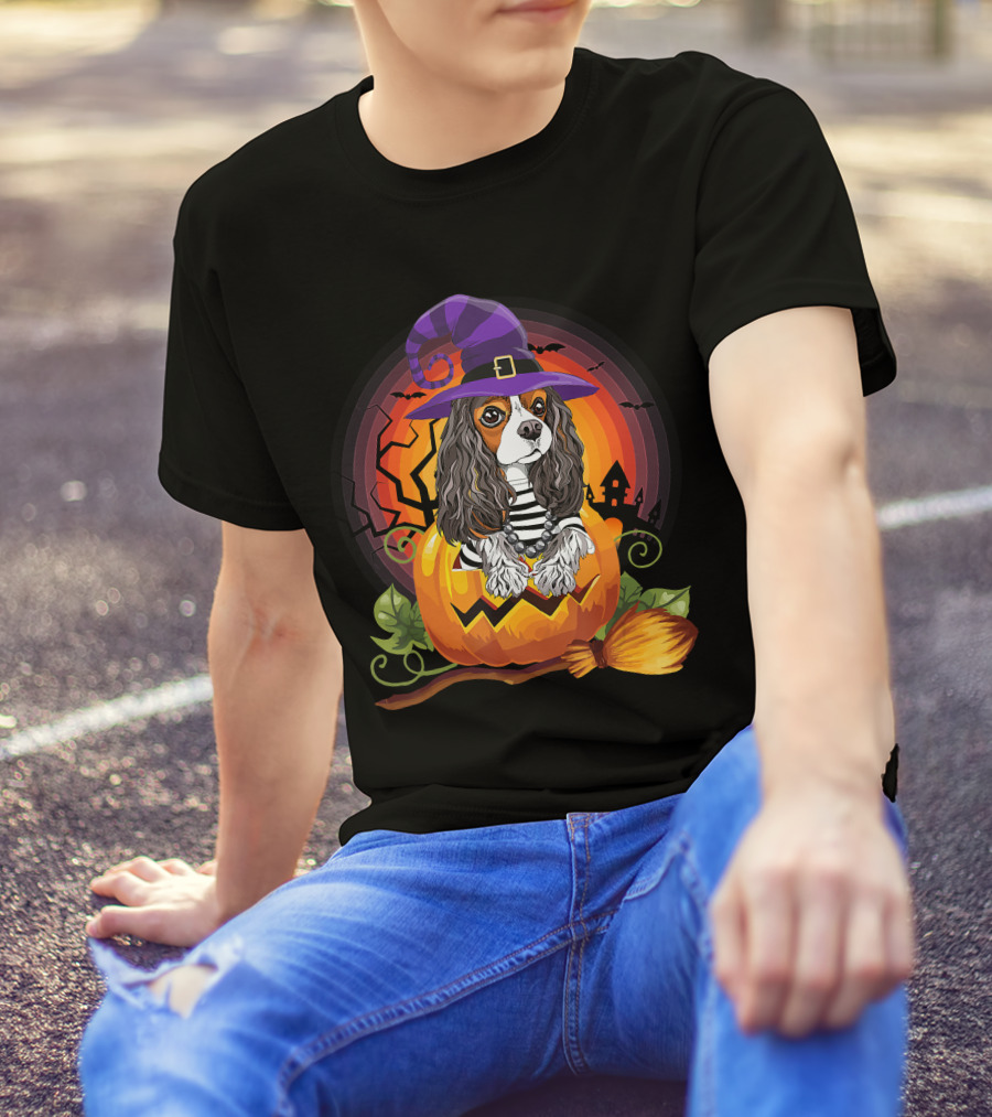 Cavalier Witch Dog In Pumpkin Halloween Scene T-Shirt