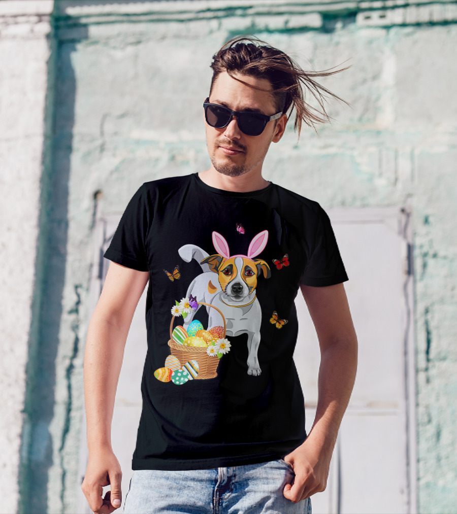 Cutes Jack Russell Bunny Ear With Butterflies And Easter Eggs In Basket T-Shirt