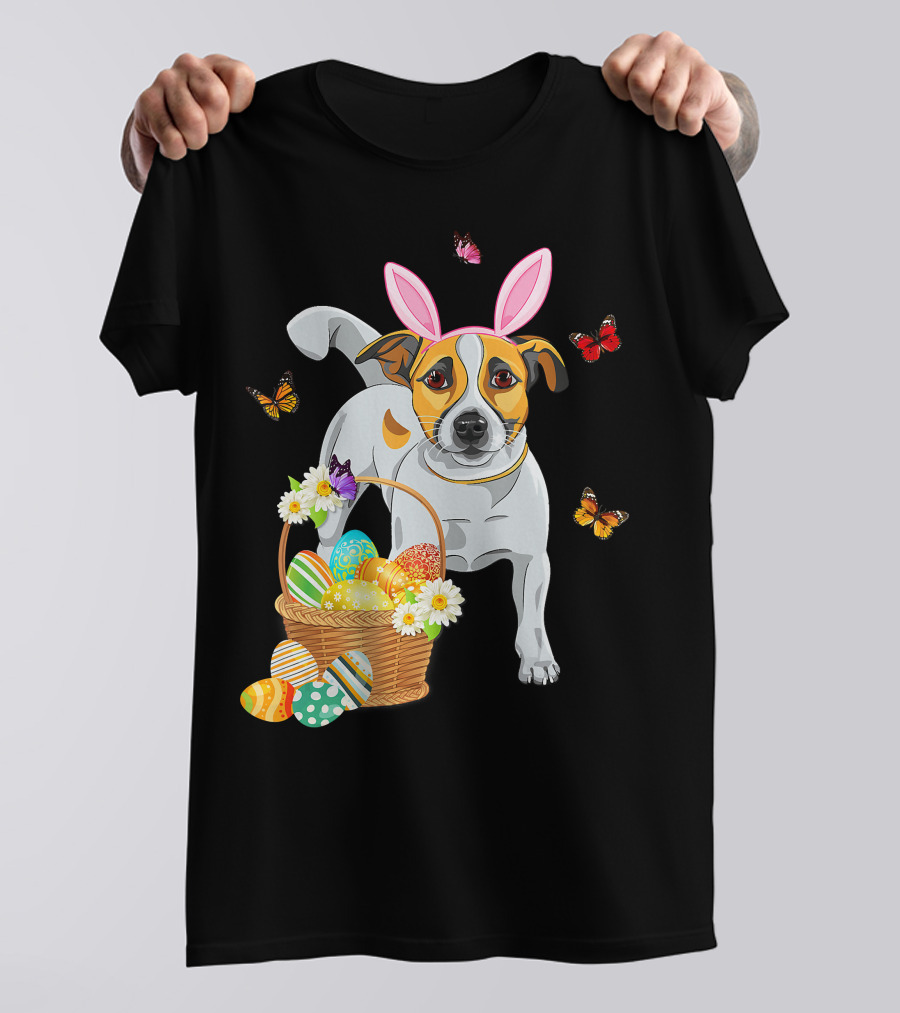 Cutes Jack Russell Bunny Ear With Butterflies And Easter Eggs In Basket T-Shirt
