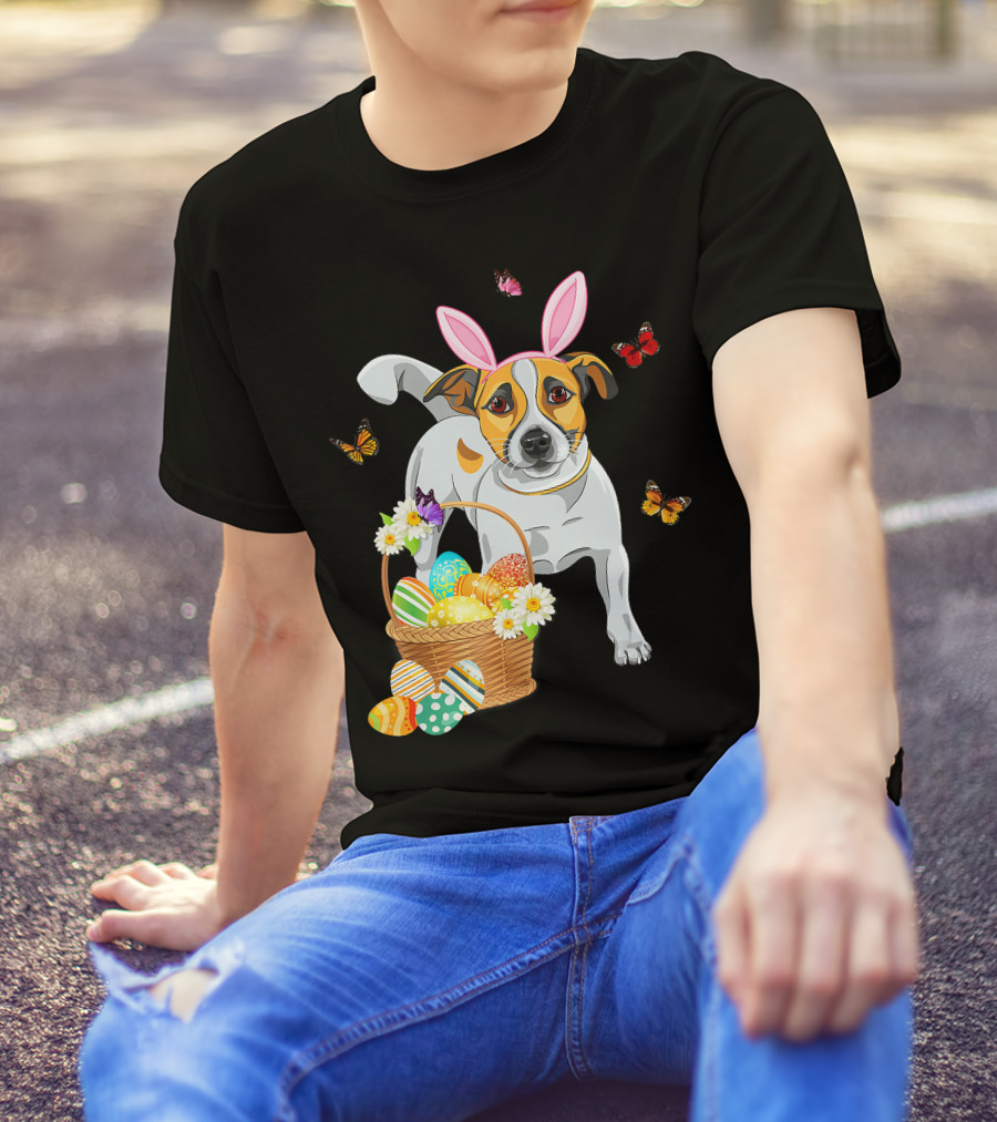 Cutes Jack Russell Bunny Ear With Butterflies And Easter Eggs In Basket T-Shirt