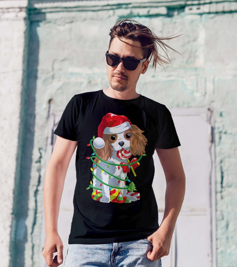 Cute Cavalier King Charles Spaniel Dog In Santa Hat With Christmas Lights And Candy Cane T-Shirt