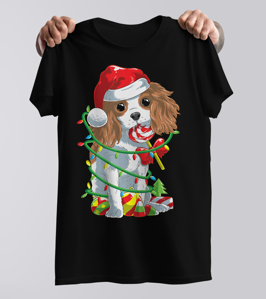 Cute Cavalier King Charles Spaniel Dog In Santa Hat With Christmas Lights And Candy Cane T-Shirt