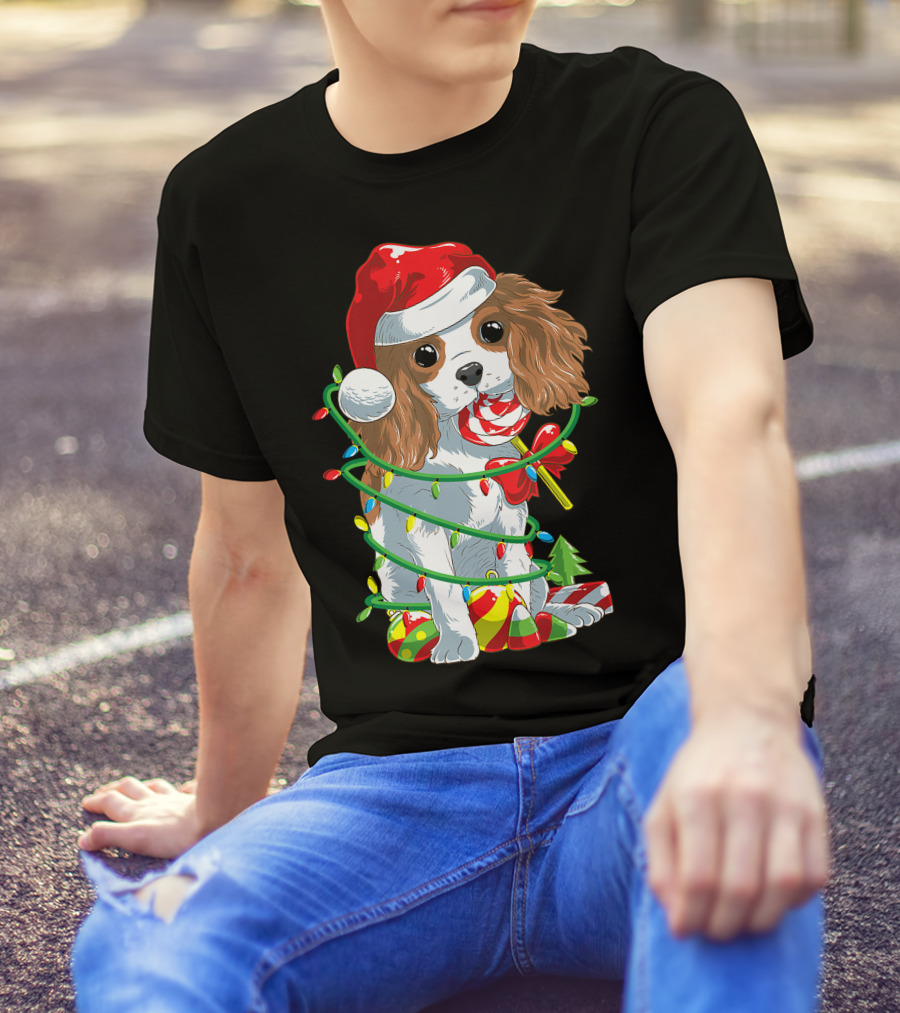 Cute Cavalier King Charles Spaniel Dog In Santa Hat With Christmas Lights And Candy Cane T-Shirt