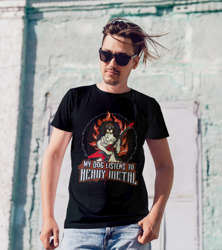 My Dog Listens To Heavy Metal Cavalier King Charles Spaniel Guitar Flames T-Shirt