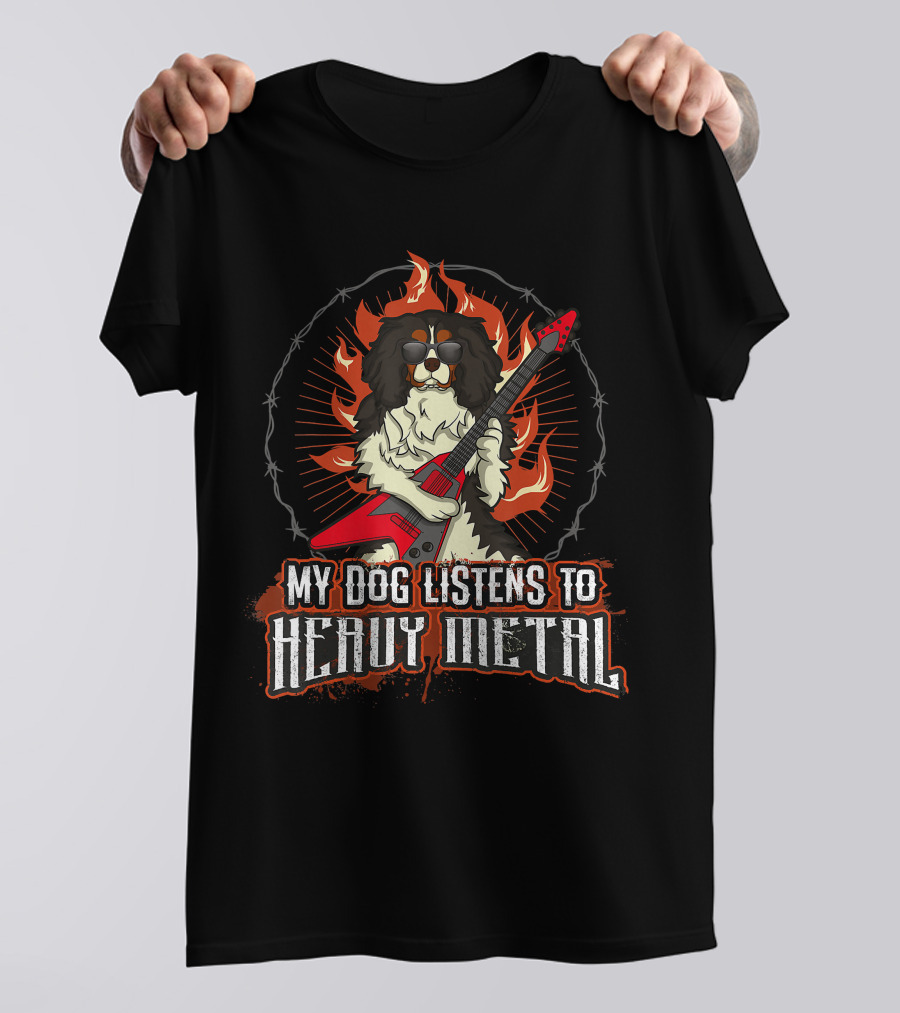 My Dog Listens To Heavy Metal Cavalier King Charles Spaniel Guitar Flames T-Shirt