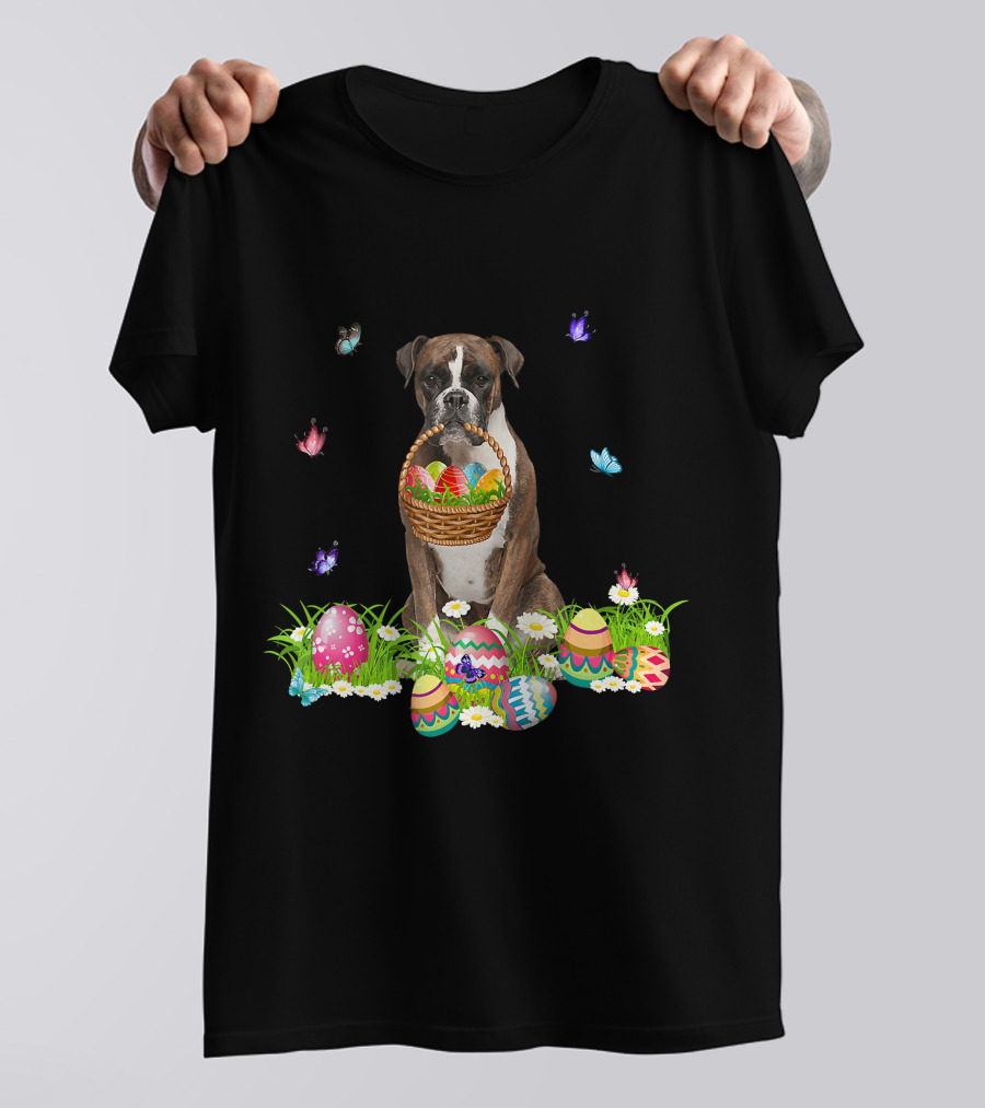 Boxer Dog Holding Easter Eggs Basket Surrounded By Butterflies And Flowers T-Shirt