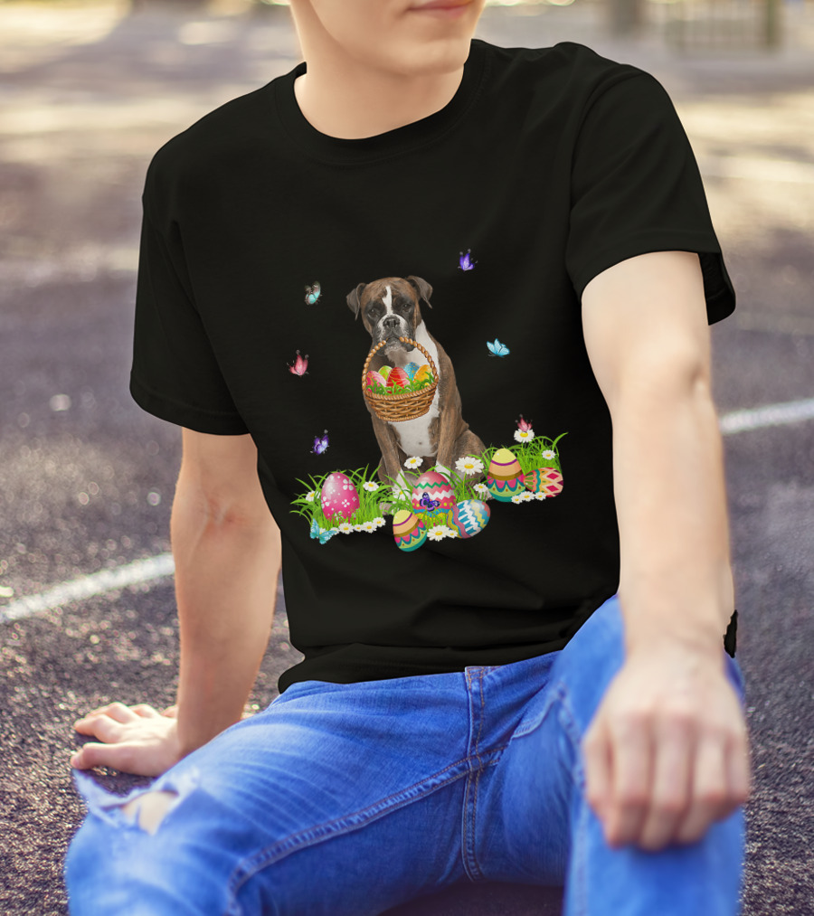 Boxer Dog Holding Easter Eggs Basket Surrounded By Butterflies And Flowers T-Shirt