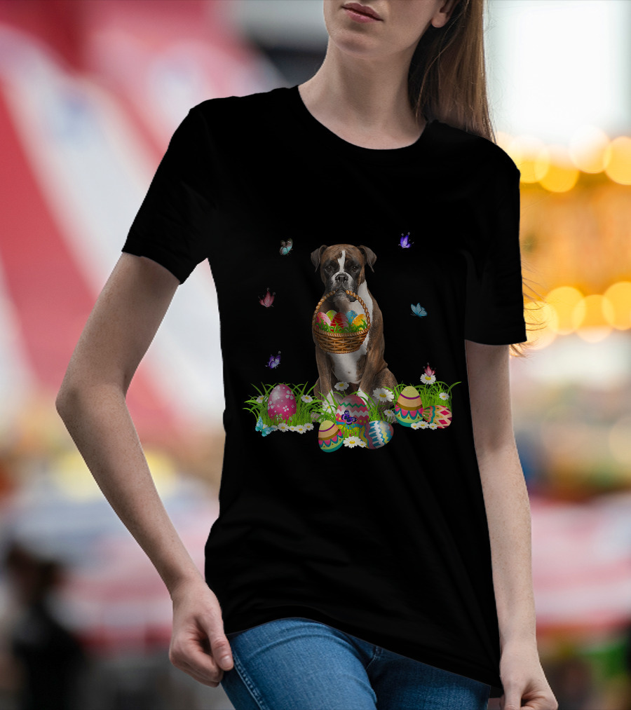 Boxer Dog Holding Easter Eggs Basket Surrounded By Butterflies And Flowers T-Shirt
