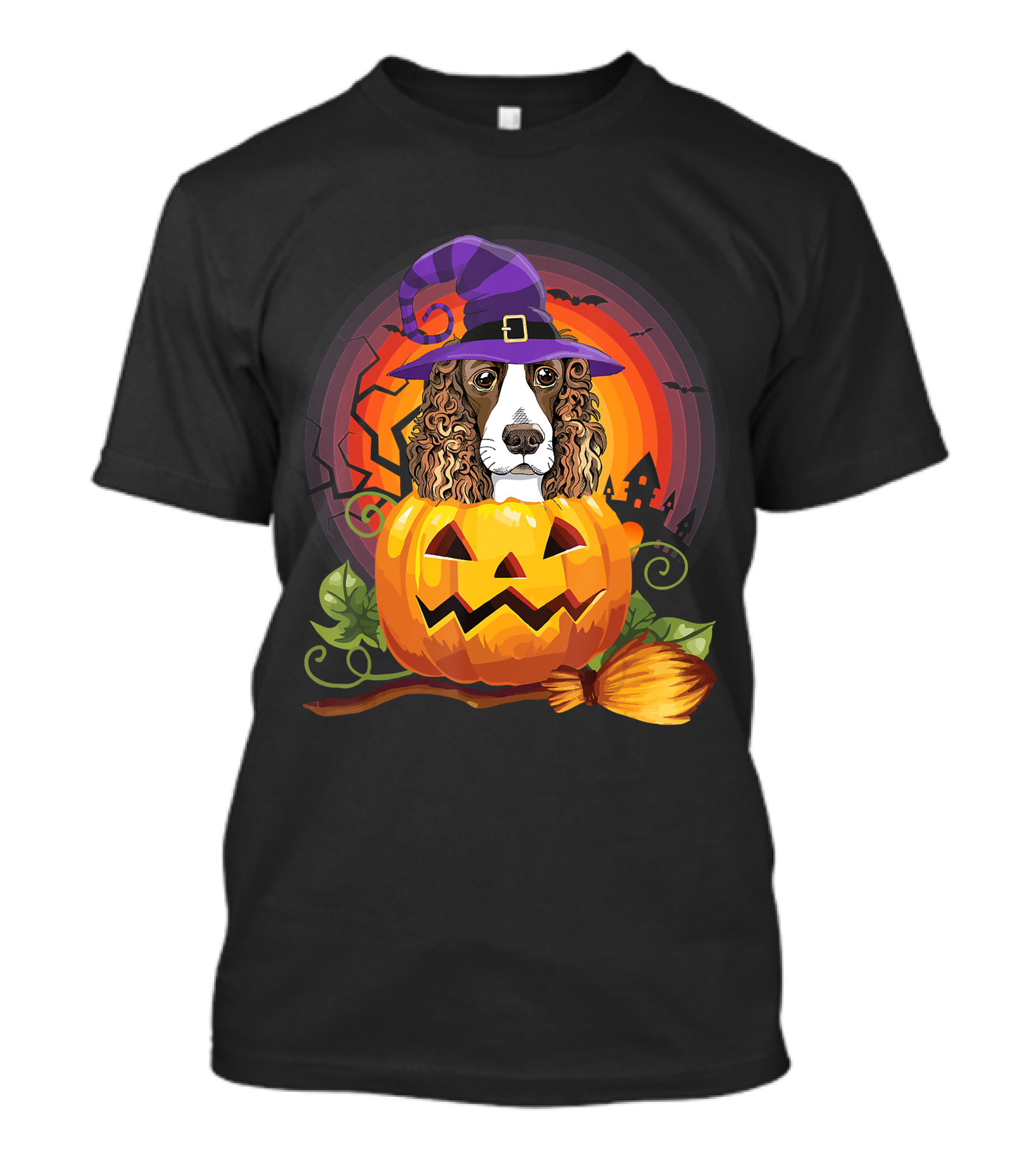 Dog Lover English Cocker Spaniel Witch Pumpkin Halloween Scene T-Shirt