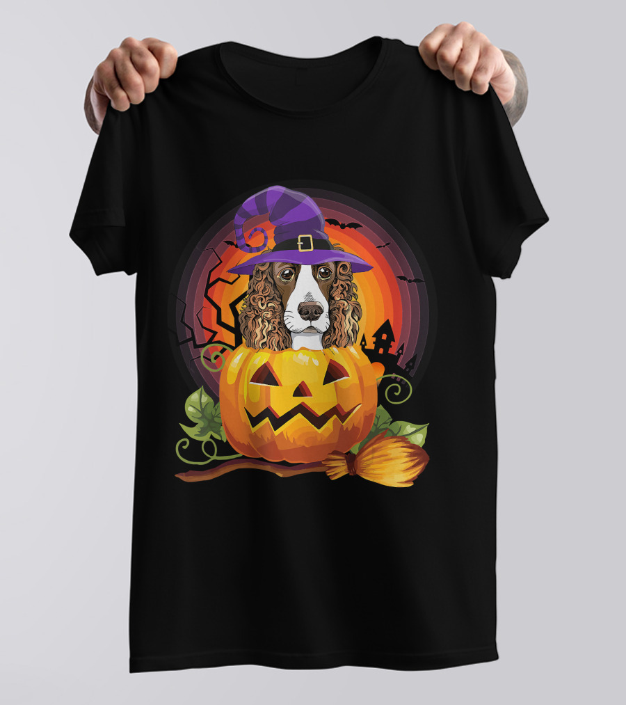 Dog Lover English Cocker Spaniel Witch Pumpkin Halloween Scene T-Shirt