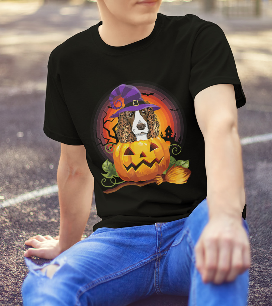 Dog Lover English Cocker Spaniel Witch Pumpkin Halloween Scene T-Shirt