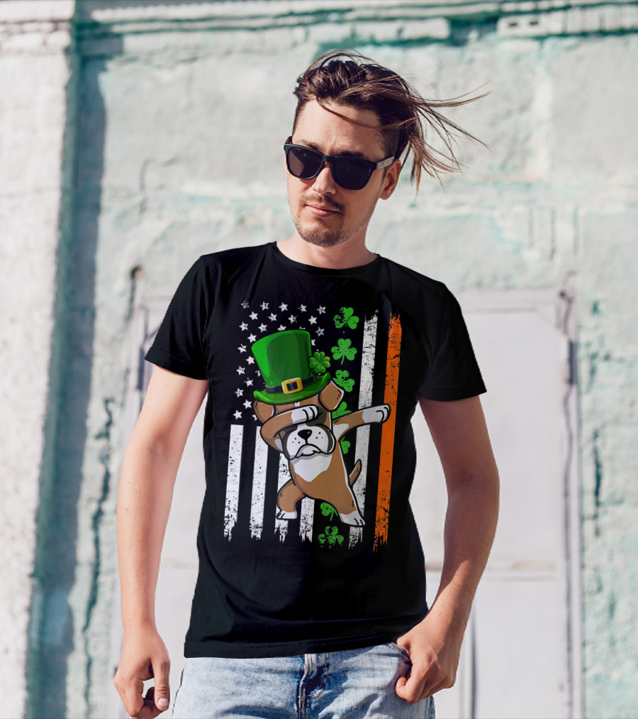 Dabbing Boxer Dog Leprechaun Hat American Irish Flag T-Shirt