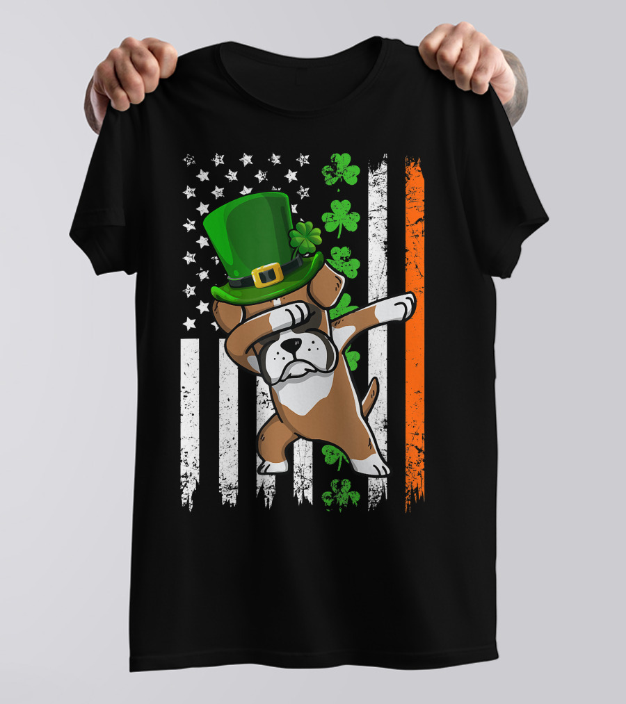 Dabbing Boxer Dog Leprechaun Hat American Irish Flag T-Shirt