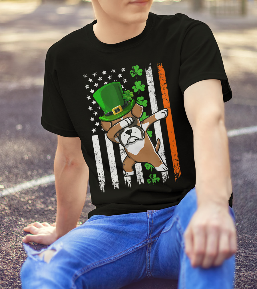 Dabbing Boxer Dog Leprechaun Hat American Irish Flag T-Shirt