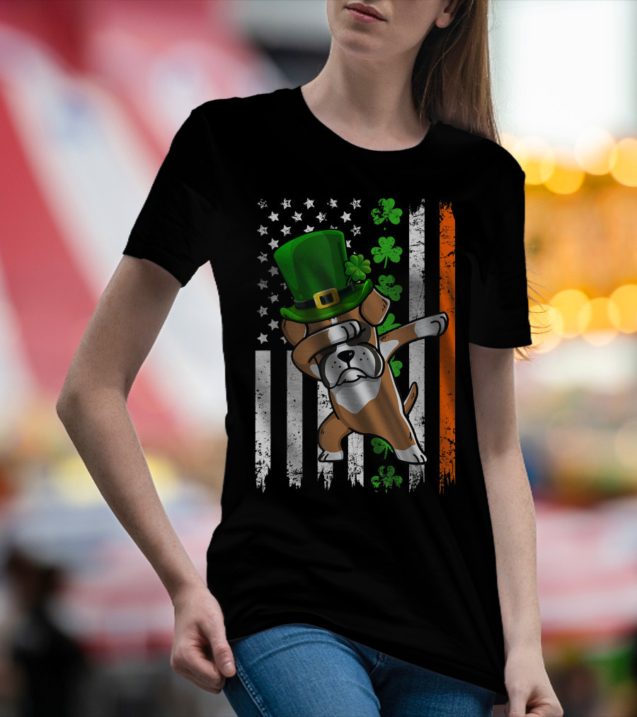 Dabbing Boxer Dog Leprechaun Hat American Irish Flag T-Shirt