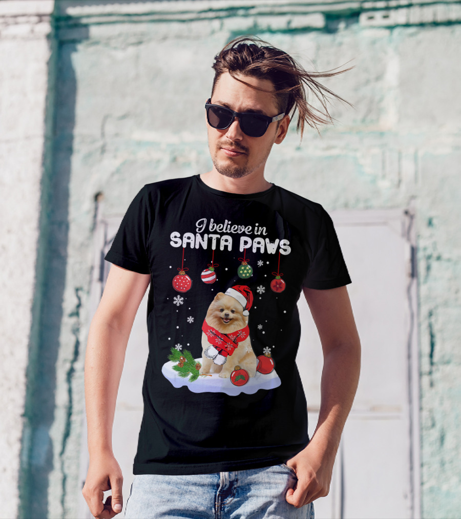 I Believe In Santa Paws Pomeranian Festive Christmas Ornaments Snowflakes T-Shirt