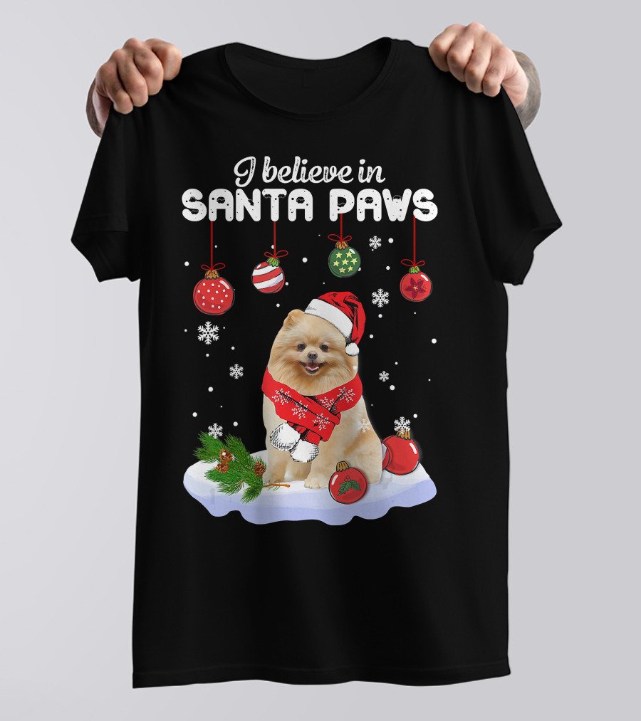 I Believe In Santa Paws Pomeranian Festive Christmas Ornaments Snowflakes T-Shirt