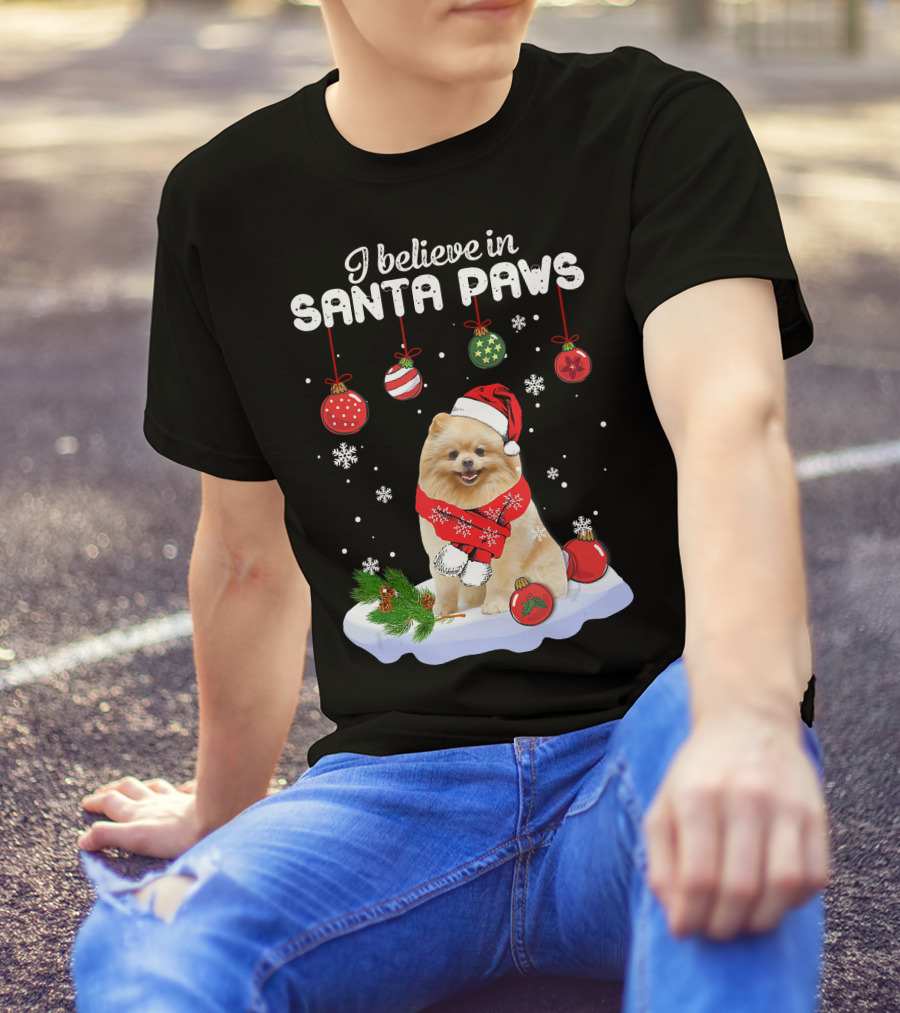I Believe In Santa Paws Pomeranian Festive Christmas Ornaments Snowflakes T-Shirt