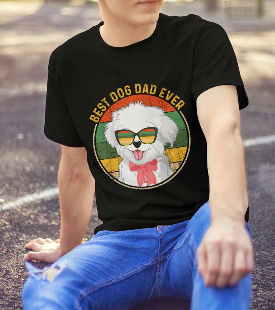 Best Dog Dad Ever Retro Vintage Maltese Sunglasses T-Shirt