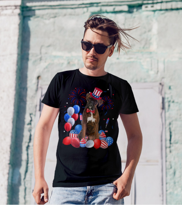 Boxer Dog With Patriotic Hat And Bowtie Surrounded By 4th Of July Balloons Fireworks And Rockets T-Shirt