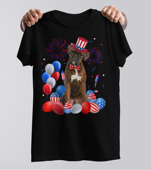 Boxer Dog With Patriotic Hat And Bowtie Surrounded By 4th Of July Balloons Fireworks And Rockets T-Shirt