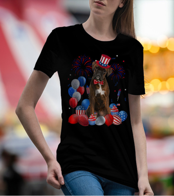 Boxer Dog With Patriotic Hat And Bowtie Surrounded By 4th Of July Balloons Fireworks And Rockets T-Shirt