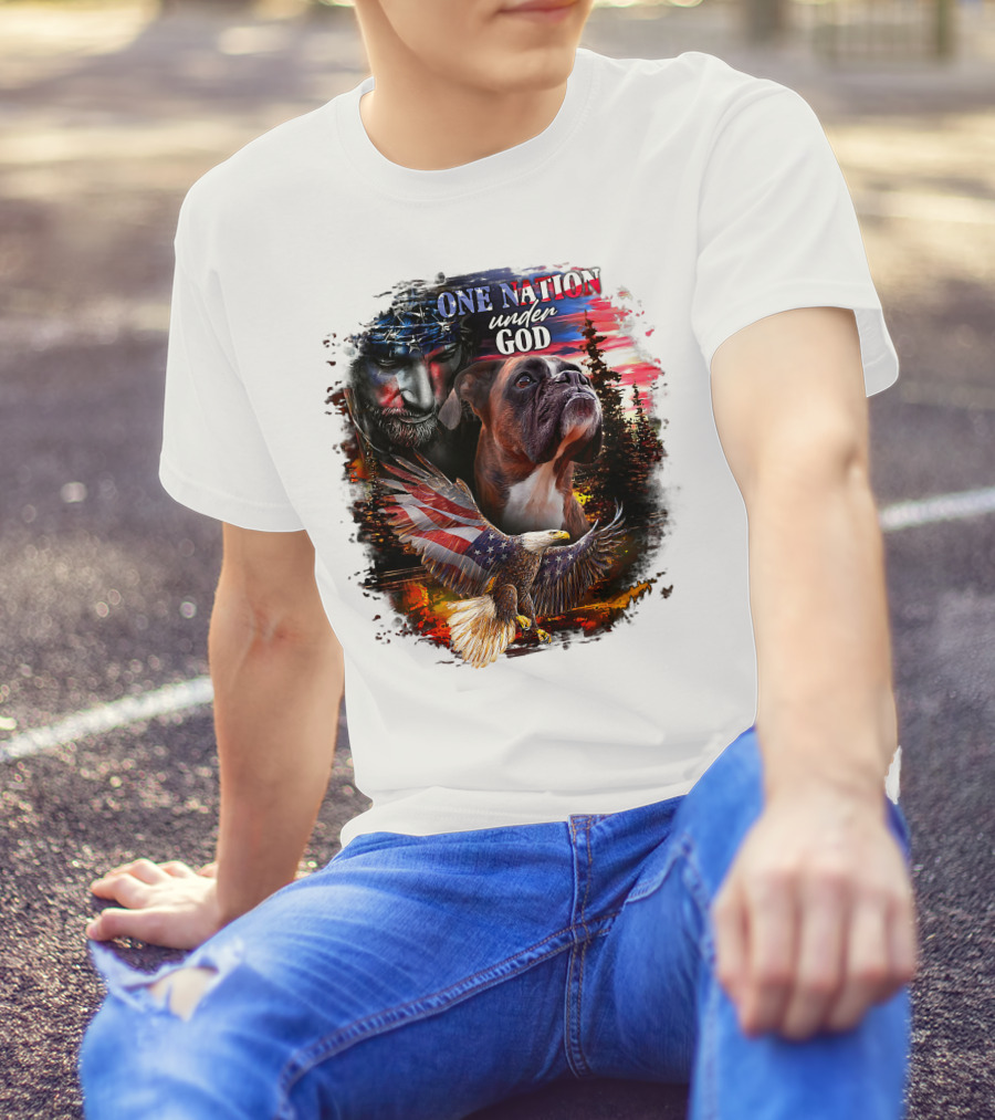 One Nation Under God Boxer With American Eagle And Flag Iconography T-Shirt