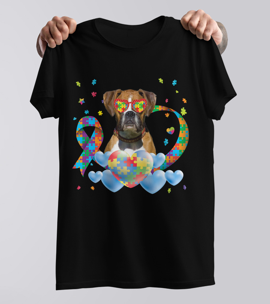 Boxer Dog Autism Awareness Heart Puzzle Ribbon Rainbow T-Shirt