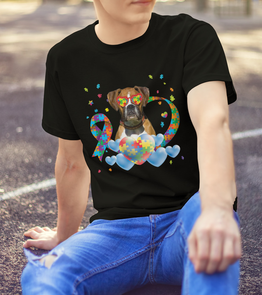 Boxer Dog Autism Awareness Heart Puzzle Ribbon Rainbow T-Shirt