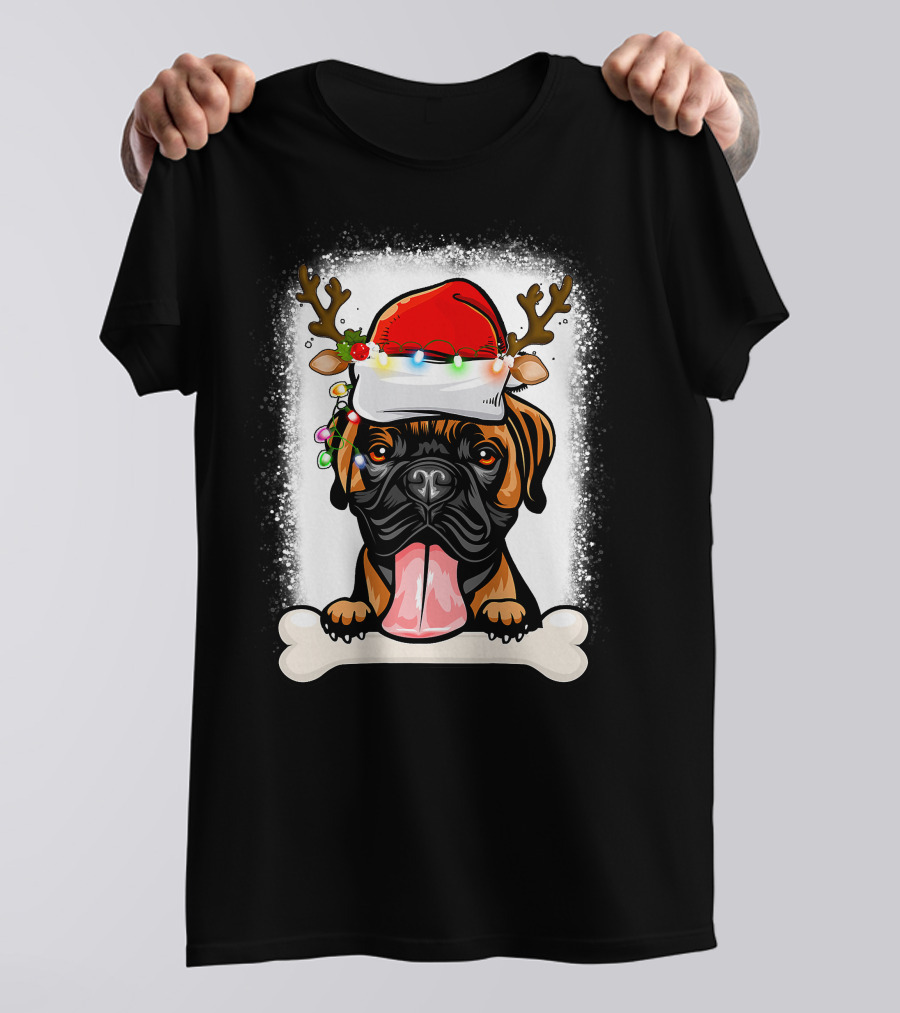 Boxer Dog With Santa Hat And Antlers Holding A Bone With Christmas Lights T-Shirt