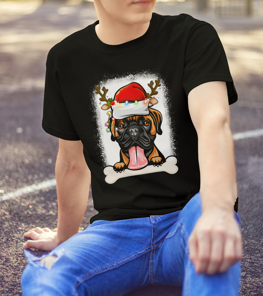 Boxer Dog With Santa Hat And Antlers Holding A Bone With Christmas Lights T-Shirt