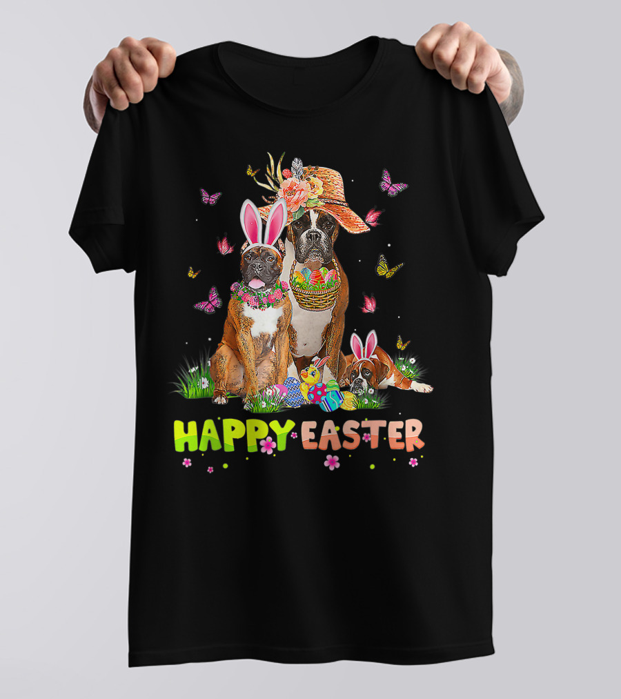 Happy Easter Boxer Dogs Bunny Ears Eggs And Butterflies T-Shirt