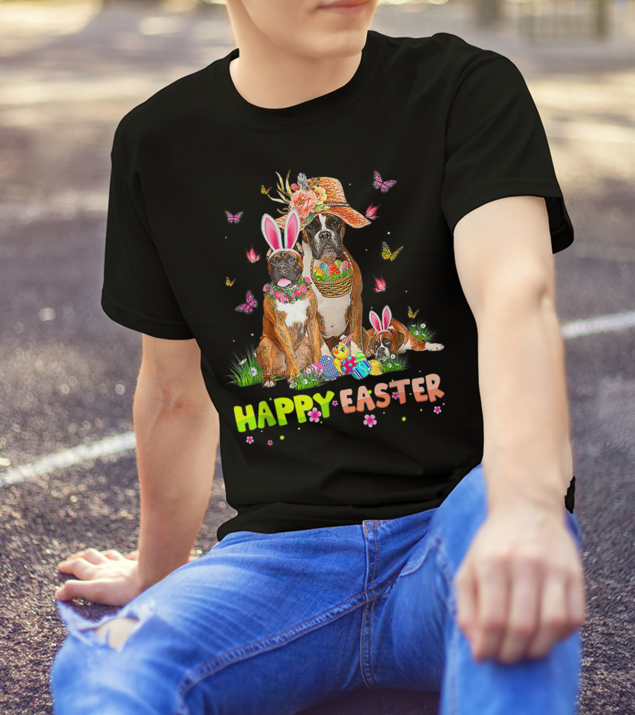 Happy Easter Boxer Dogs Bunny Ears Eggs And Butterflies T-Shirt