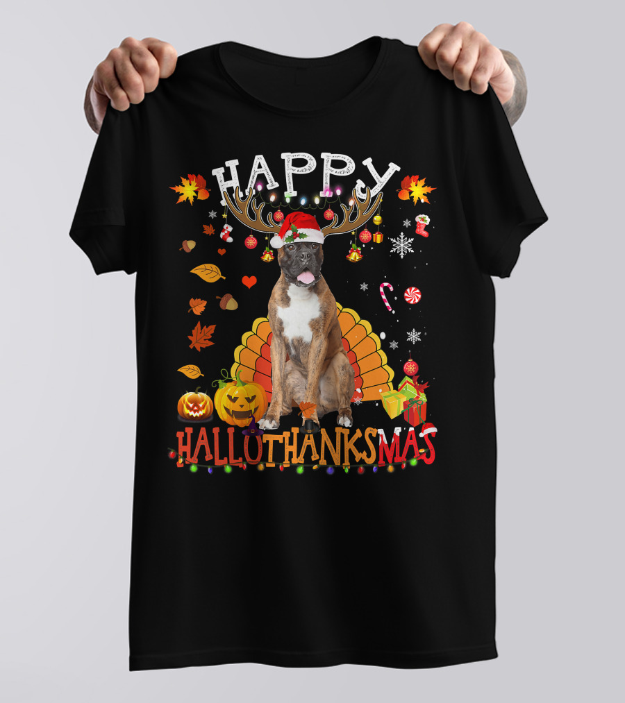Happy Hallothanksmas Boxer Dog Halloween Turkey Christmas Lights T-Shirt
