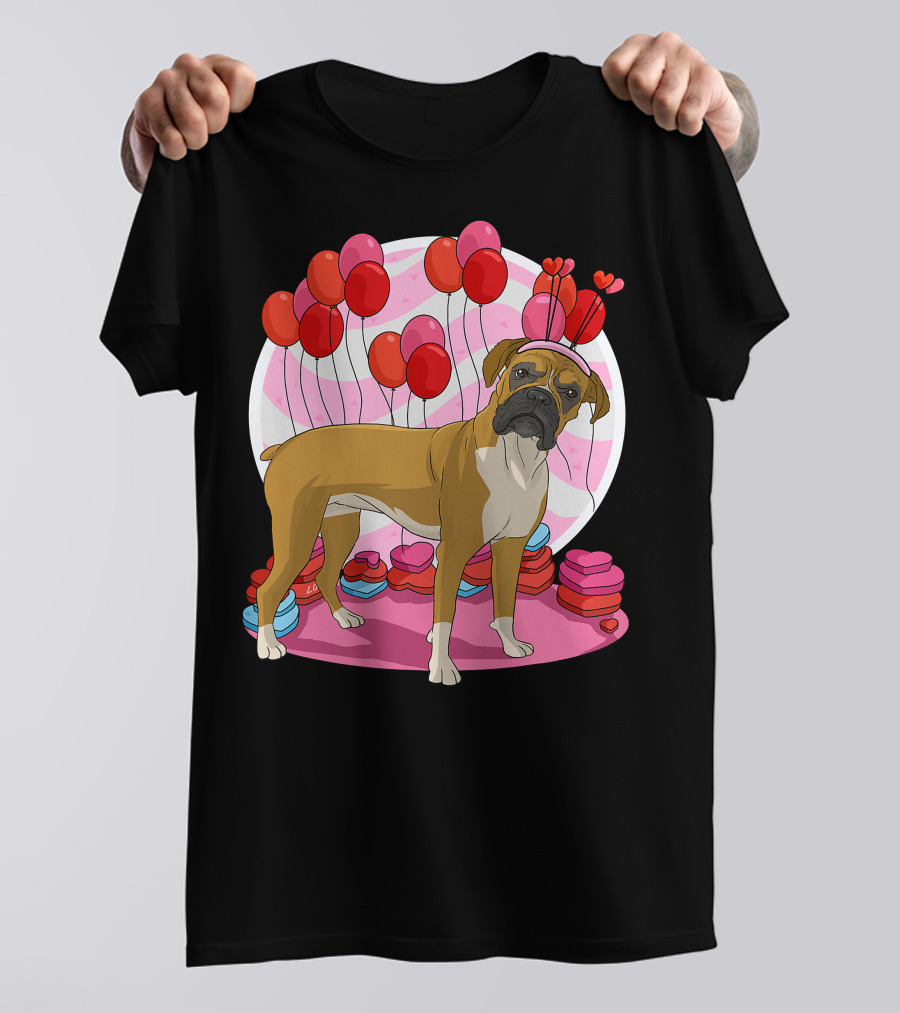 Boxer Dog With Heart Antlers And Balloons Valentine Decor T-Shirt