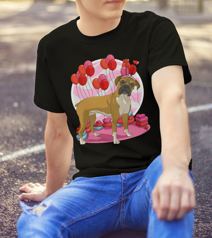 Boxer Dog With Heart Antlers And Balloons Valentine Decor T-Shirt