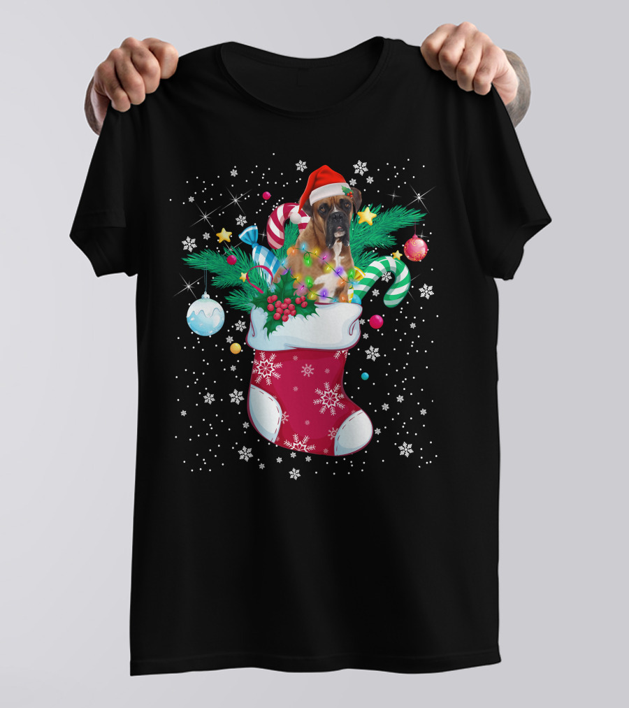Boxer Dog In Santa Hat With Candy Canes In Christmas Stocking T-Shirt