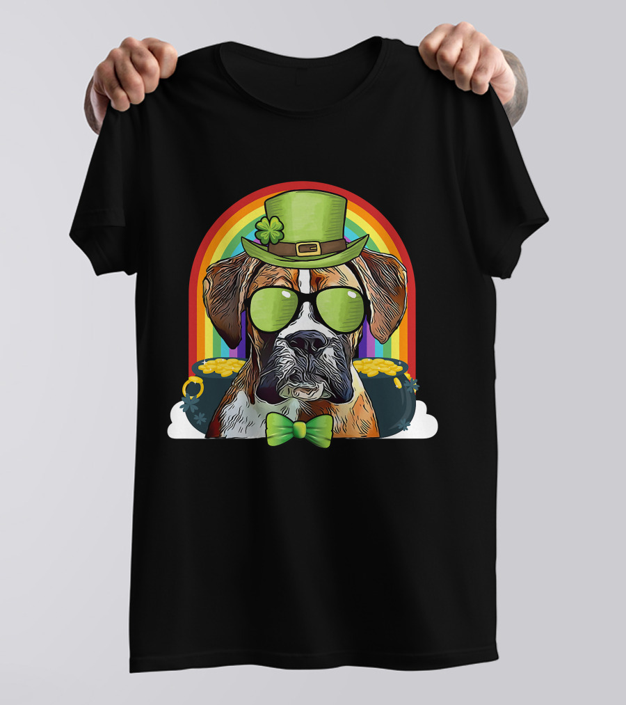 Boxer Dog Leprechaun Funny St Patricks Rainbow Hat Bow Tie Shamrocks T-Shirt