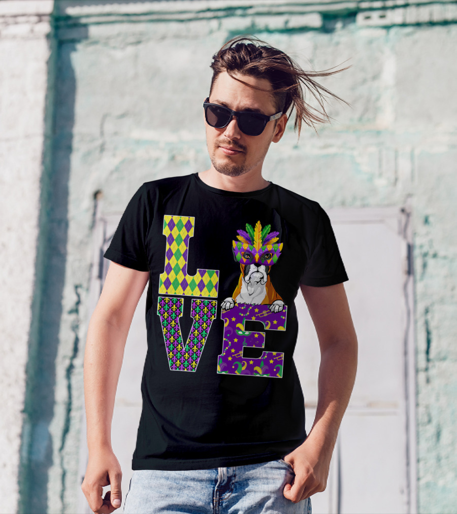 Boxer Dog Lover Mardi Gras Costume Mask Fleur De Lis Pattern Love T-Shirt
