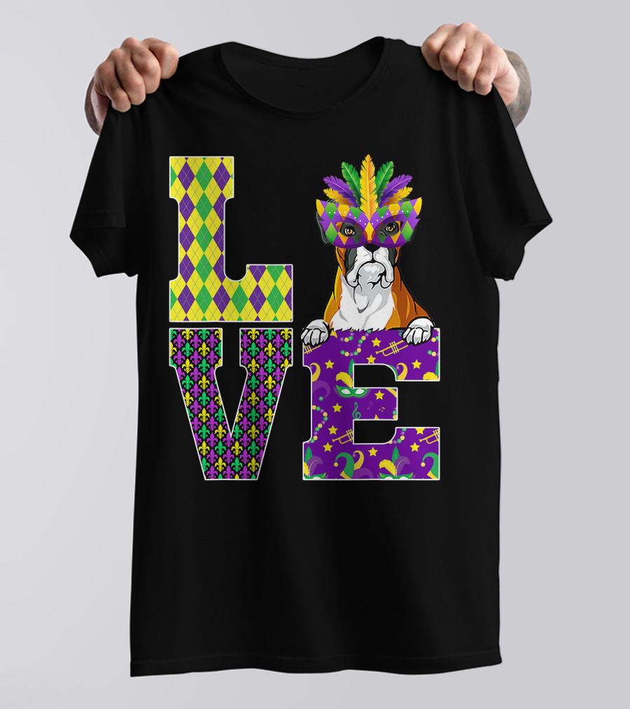 Boxer Dog Lover Mardi Gras Costume Mask Fleur De Lis Pattern Love T-Shirt