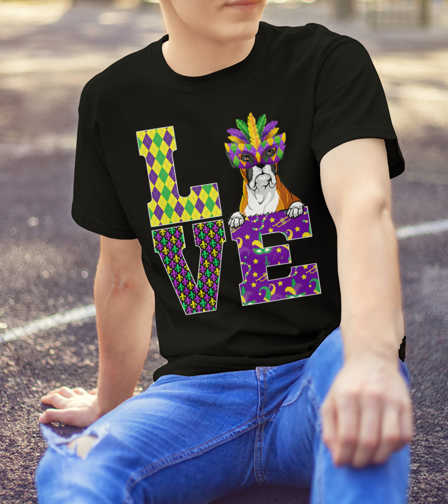 Boxer Dog Lover Mardi Gras Costume Mask Fleur De Lis Pattern Love T-Shirt