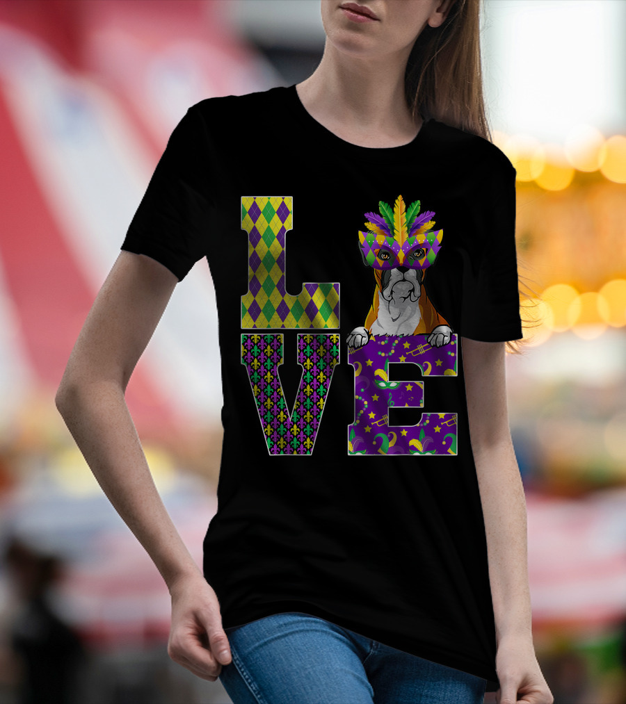 Boxer Dog Lover Mardi Gras Costume Mask Fleur De Lis Pattern Love T-Shirt