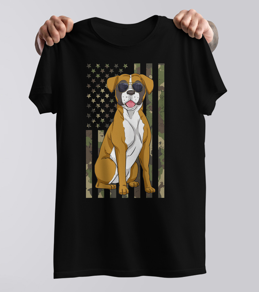Boxer Dog Men Women Boxer Dad Mom Camo USA Flag Sunglasses T-Shirt
