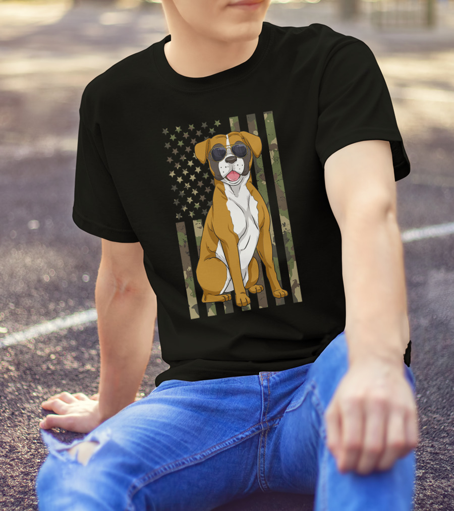 Boxer Dog Men Women Boxer Dad Mom Camo USA Flag Sunglasses T-Shirt