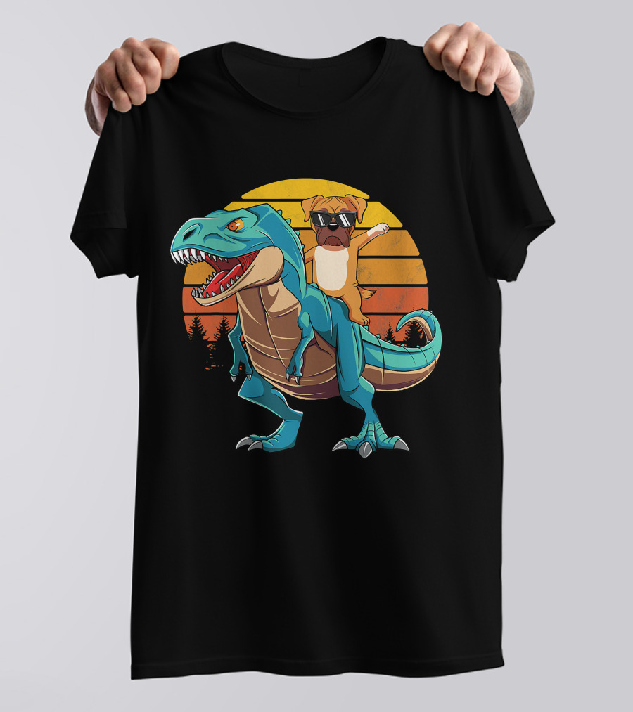 Boxer Dog Riding Dinosaur Rex Boys Girl Sunglasses Sunset T-Shirt