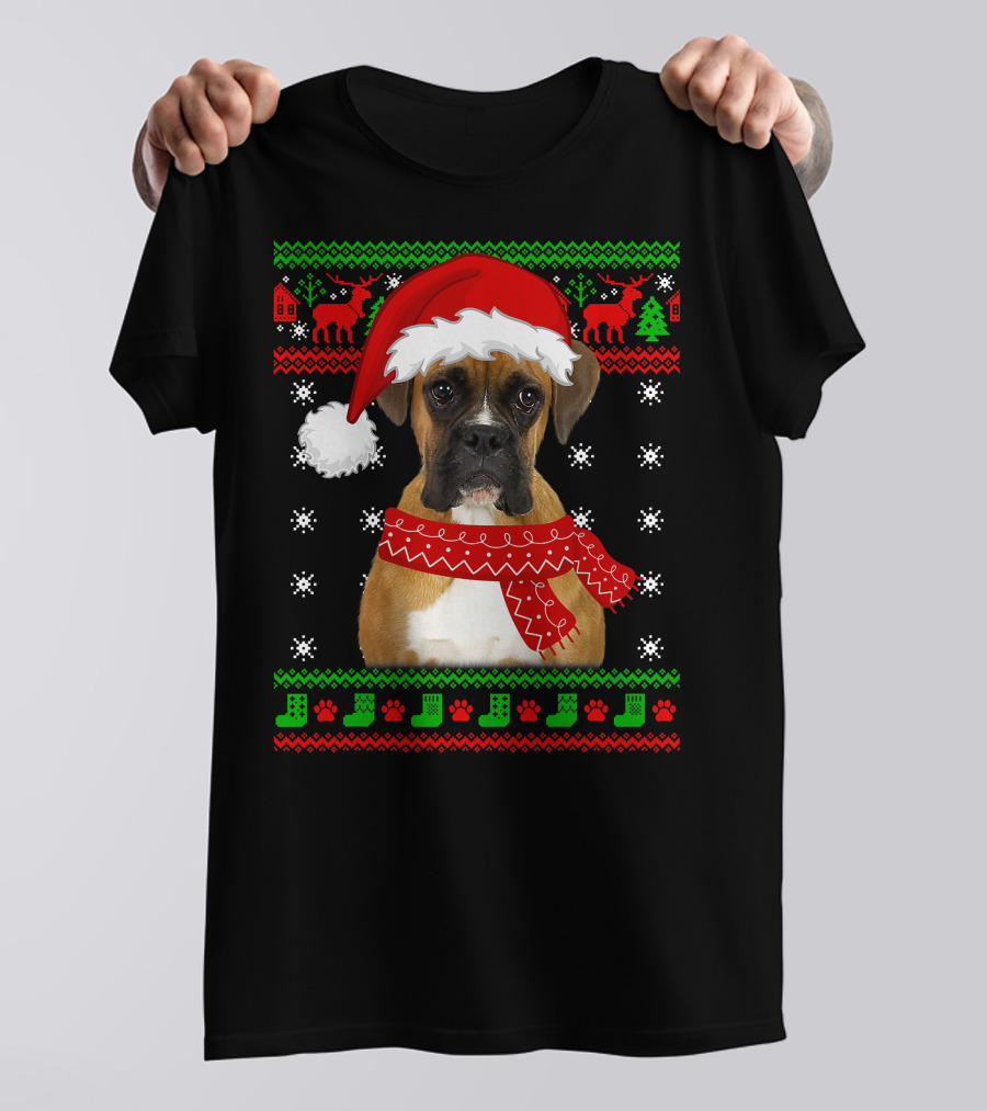 Boxer Dog Christmas Puppy Ugly Sweater Santa Hat Reindeer Snowflakes T-Shirt