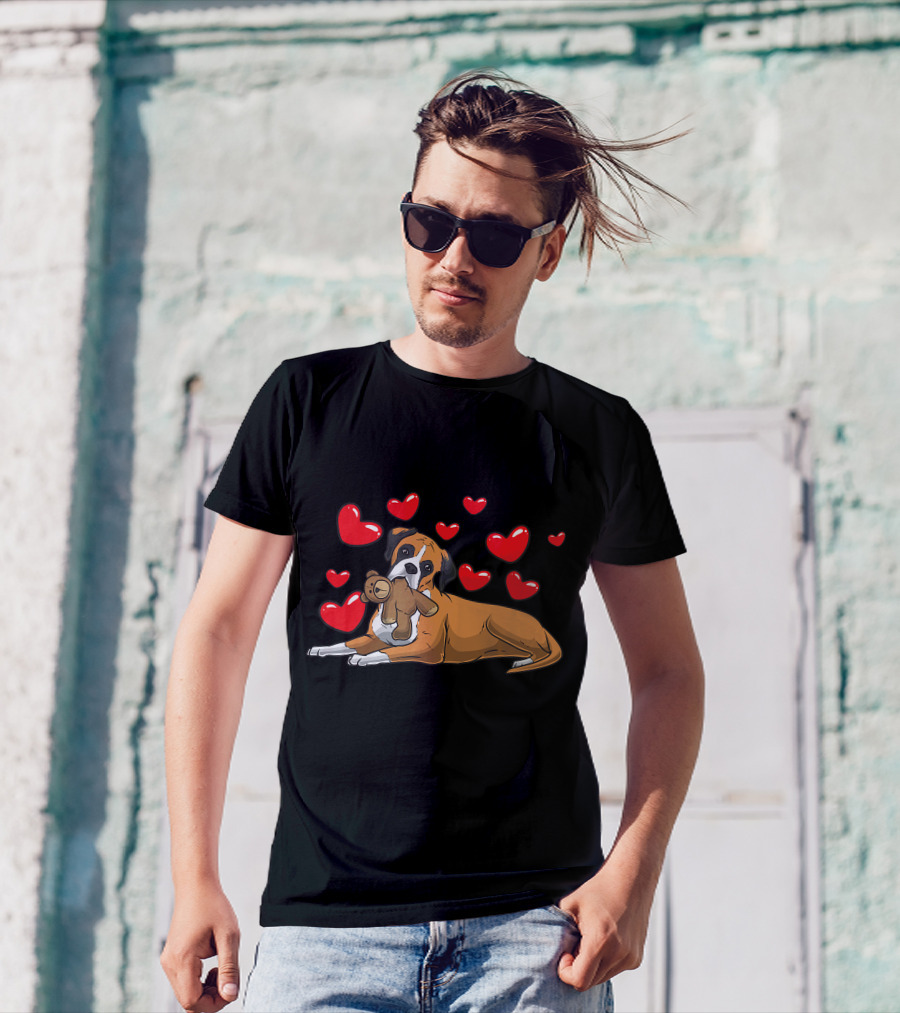 Boxer Dog Cuddling Teddy Bear Surrounded By Red Hearts T-Shirt