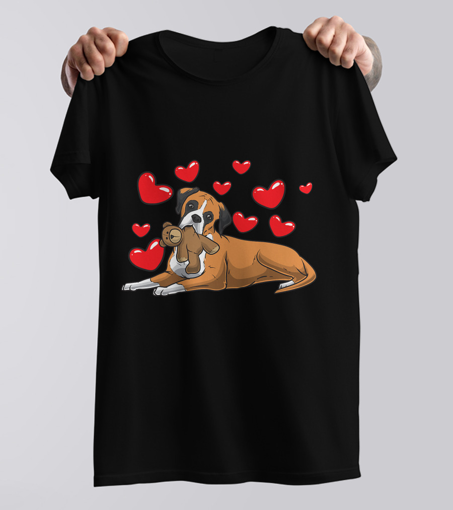 Boxer Dog Cuddling Teddy Bear Surrounded By Red Hearts T-Shirt
