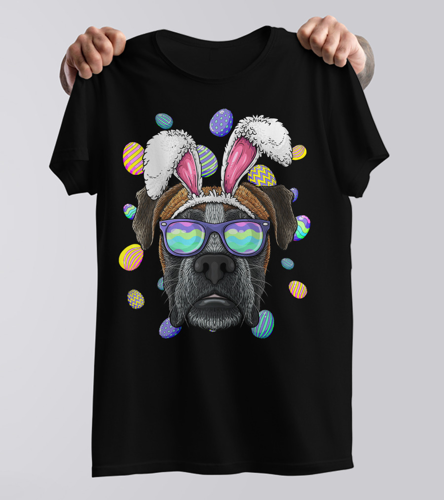 Boxer Dog With Bunny Ears And Sunglasses Surrounded By Colorful Easter Eggs T-Shirt
