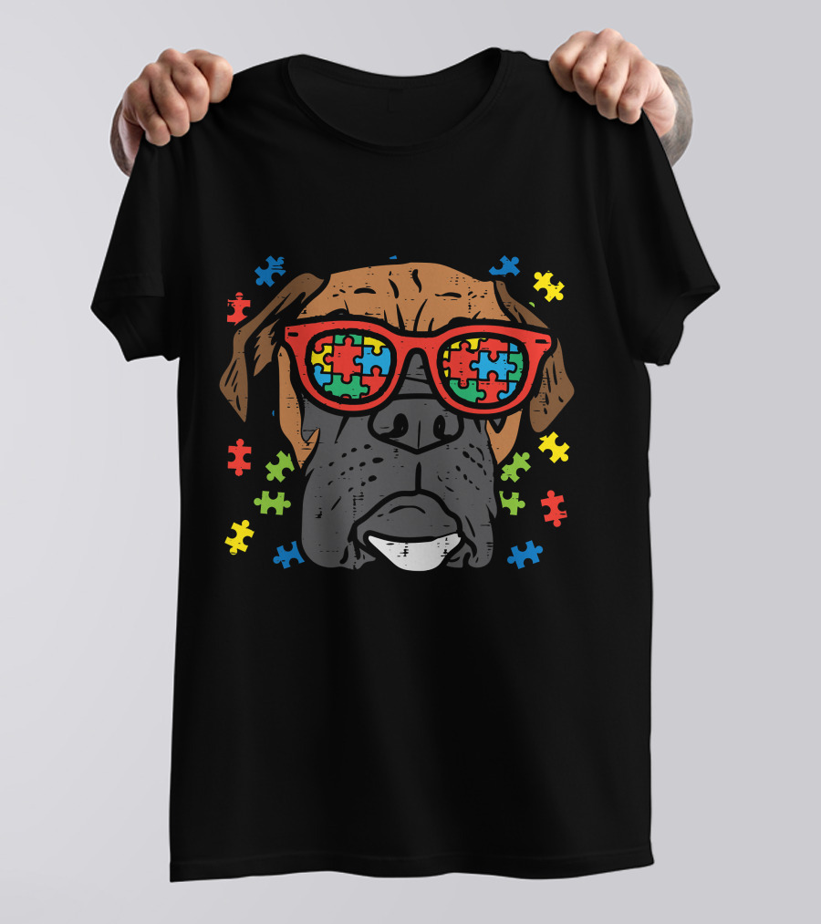 Boxer Face With Puzzle Glasses For Autism Awareness T-Shirt